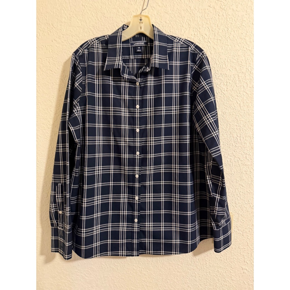 Lands End Womens Navy White Plaid Cotton‎ Button Down Shirt Size 14 Long Sleeve